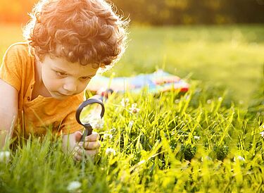 Child in an orange shirt and a magnifying glass in his hand looks at a flower