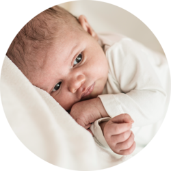 Newborn baby lying on a soft blanket, resting their head on their arm, looking calm and comfortable.