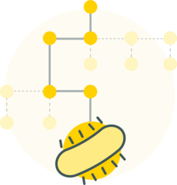 Illustration of a probiotic bacterium connected to a network of yellow dots, symbolizing its interaction within a system.